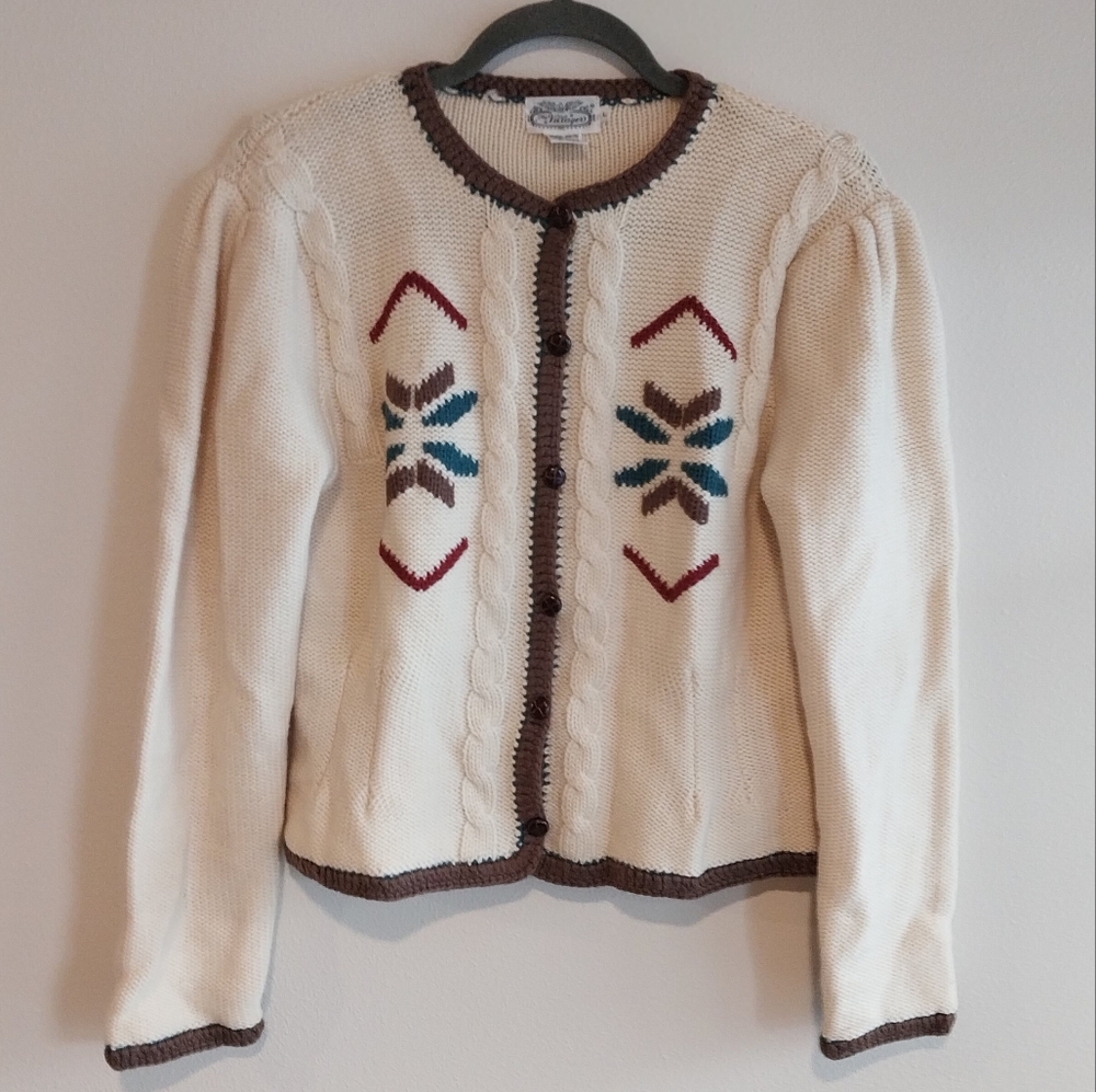 The Villager Vintage 100% Pure Wool Cream & Tan Button Cardigan